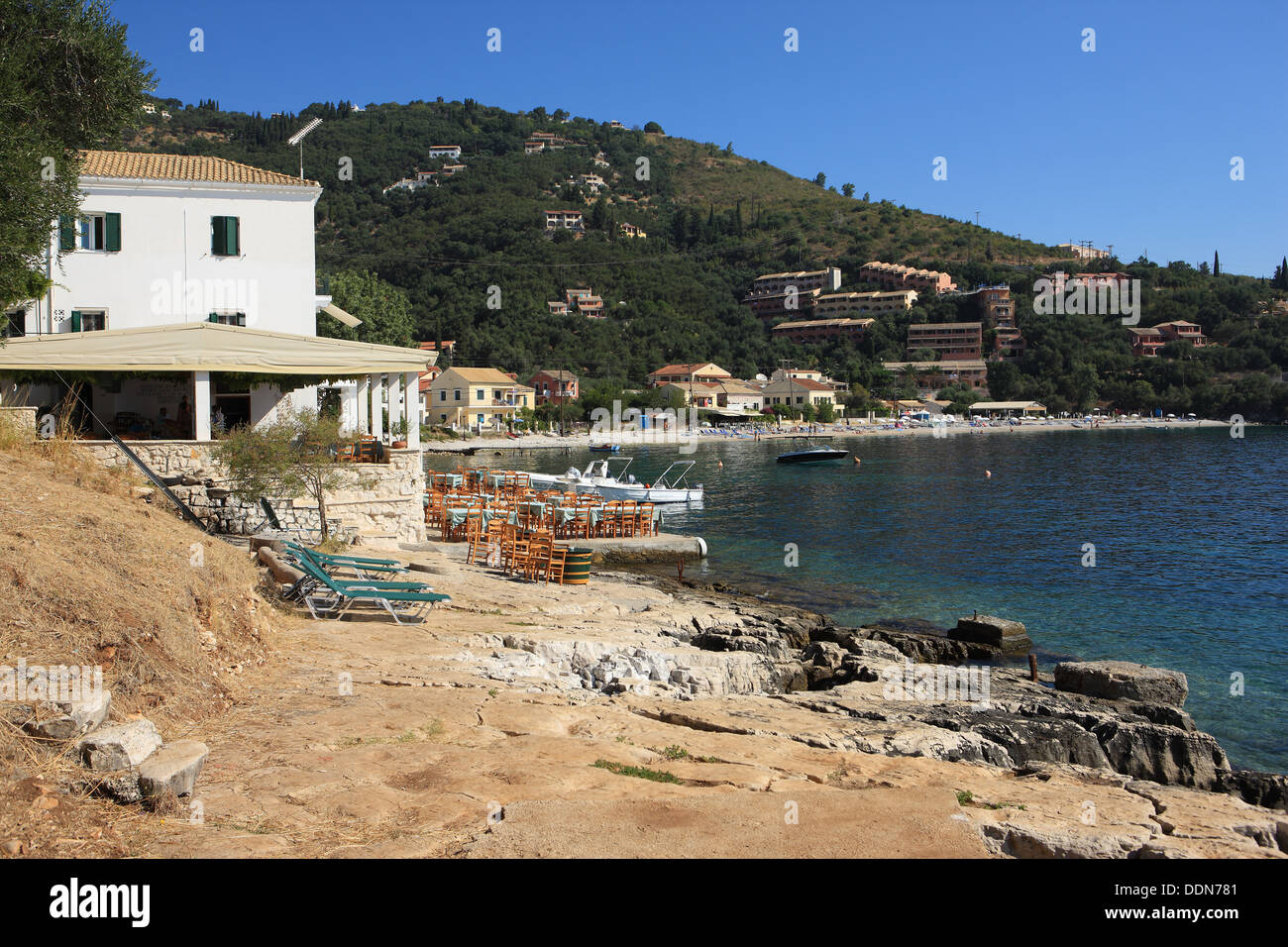 The white House (left) Gerald Durrell's family home in Kalami on the Greek island of Corfu Stock Photo