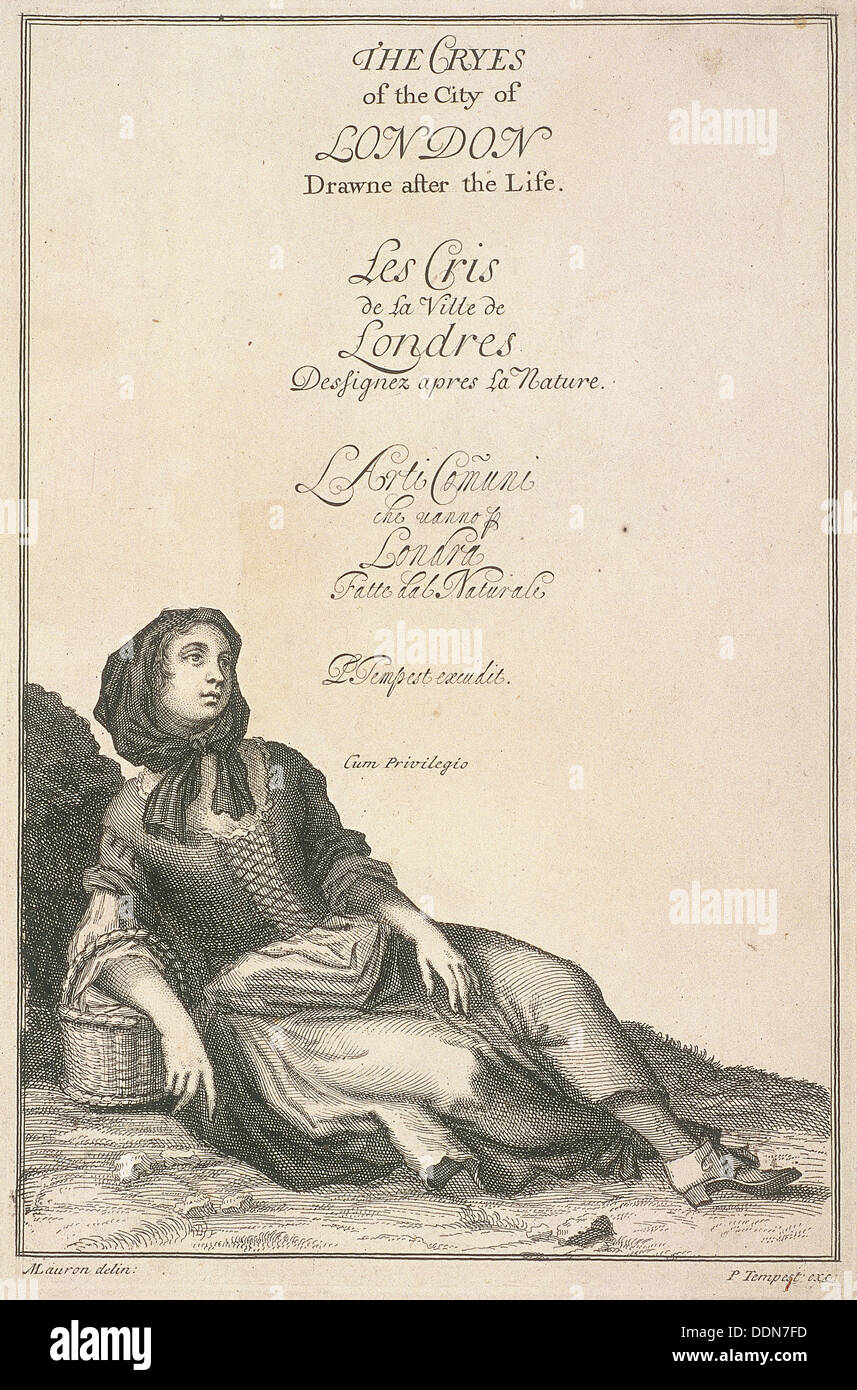 Reclining woman with a basket, Cries of London, (c1688?). Artist: Pierce Tempest Stock Photo