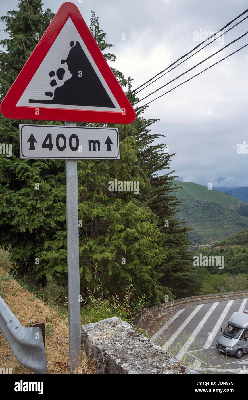 Danger rock falling road sign, Picos de Euopa mountain region in Asturias, Spain Stock Photo