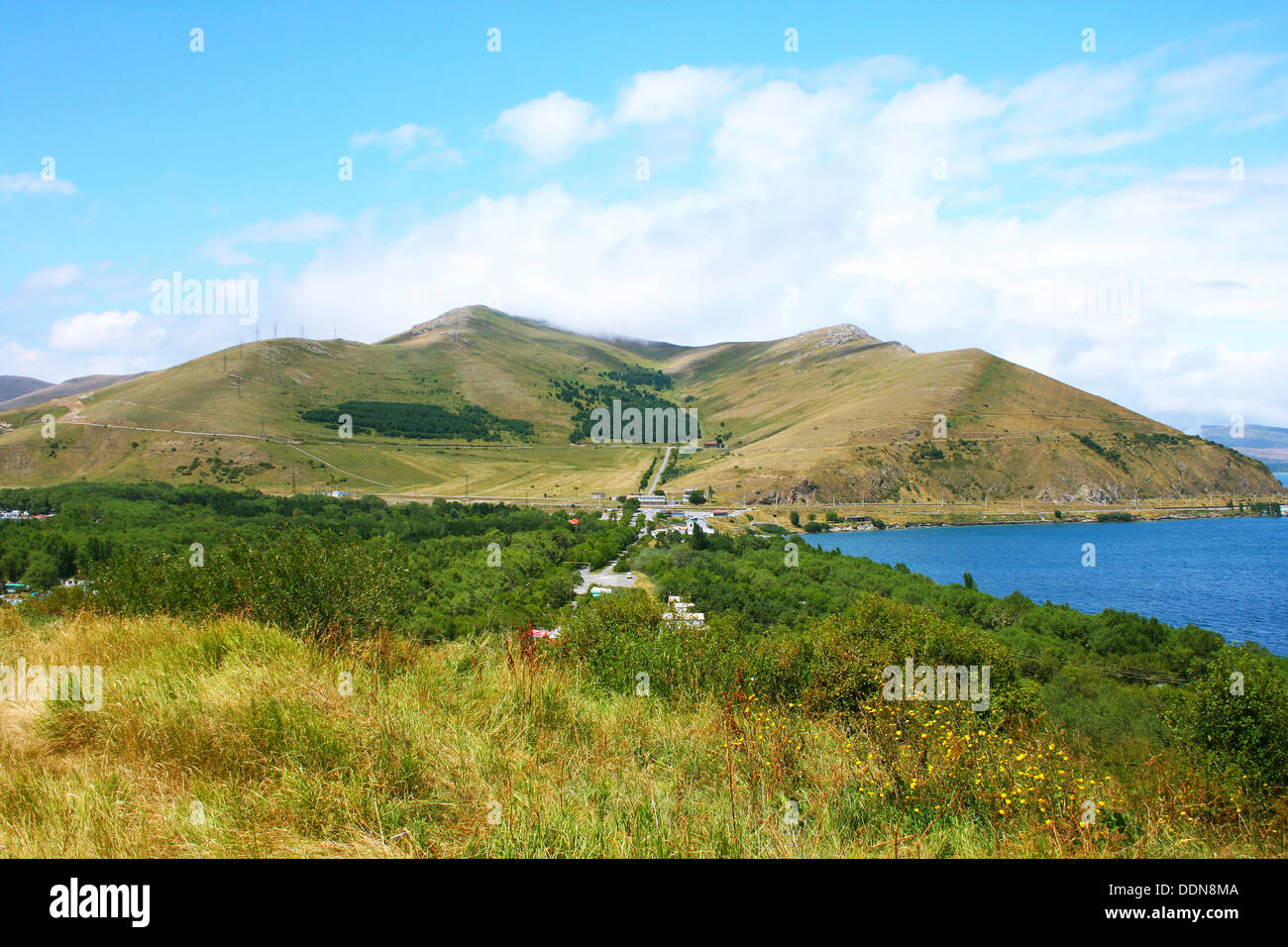 Lake Sevan and mountains in Armenia. Stock Photo