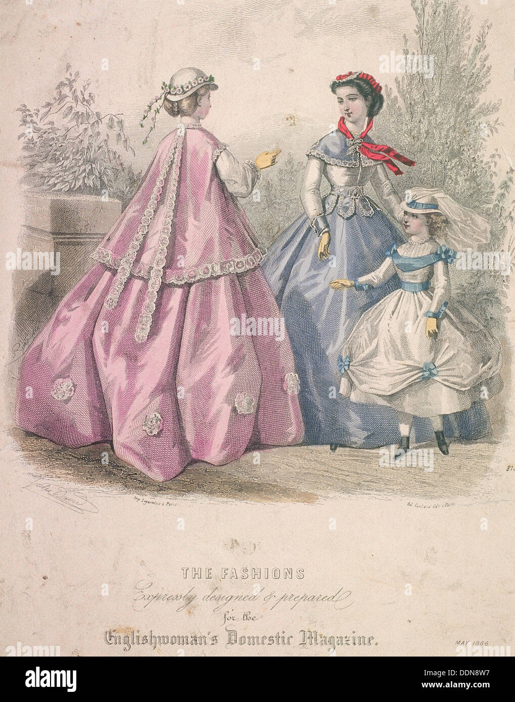 Two women and a child wearing the latest fashions, 1866. Artist: Anon Stock Photo
