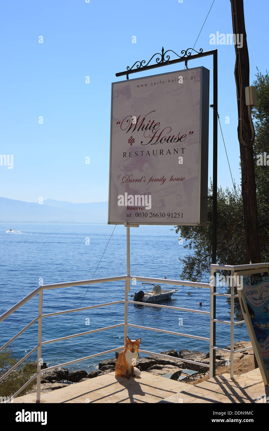 The White House restaurant sign in Kalami on the Greek island of Corfu. Formerly the home of authors Gerald and Lawrence Durrell Stock Photo