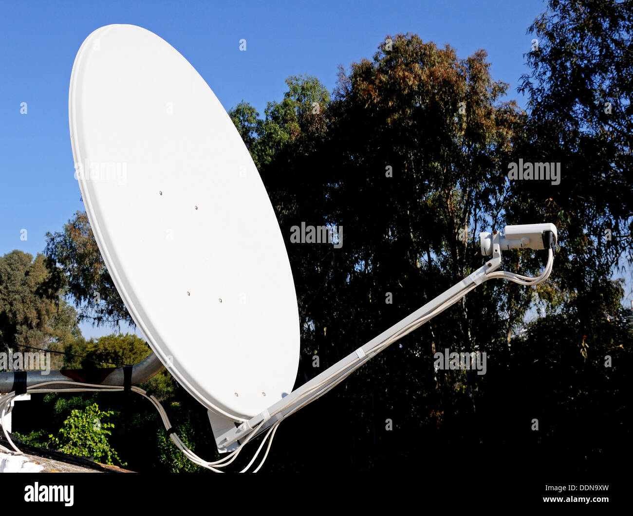 1.3 metre satellite dish with four way LNB, Costa del Sol, Andalucia, Spain, Western Europe. Stock Photo