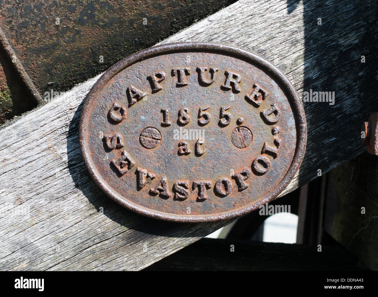 Cast iron plate on captured Russian cannon from the Crimean war at Sevastopol seen at Ludlow, England, UK Stock Photo
