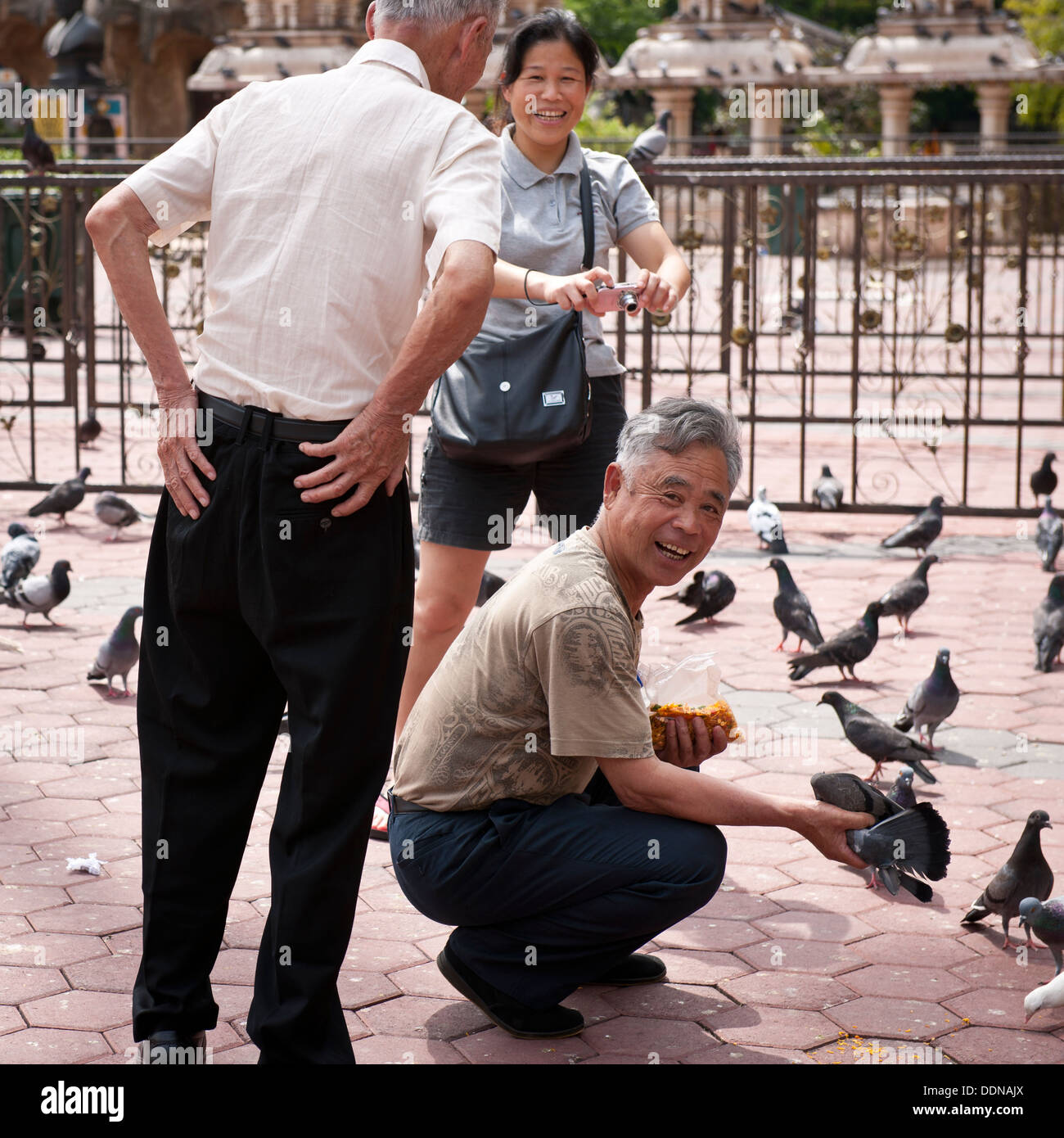 Chinese tourists feed pigeons at the entrance to the Batu caves, KL Stock Photo