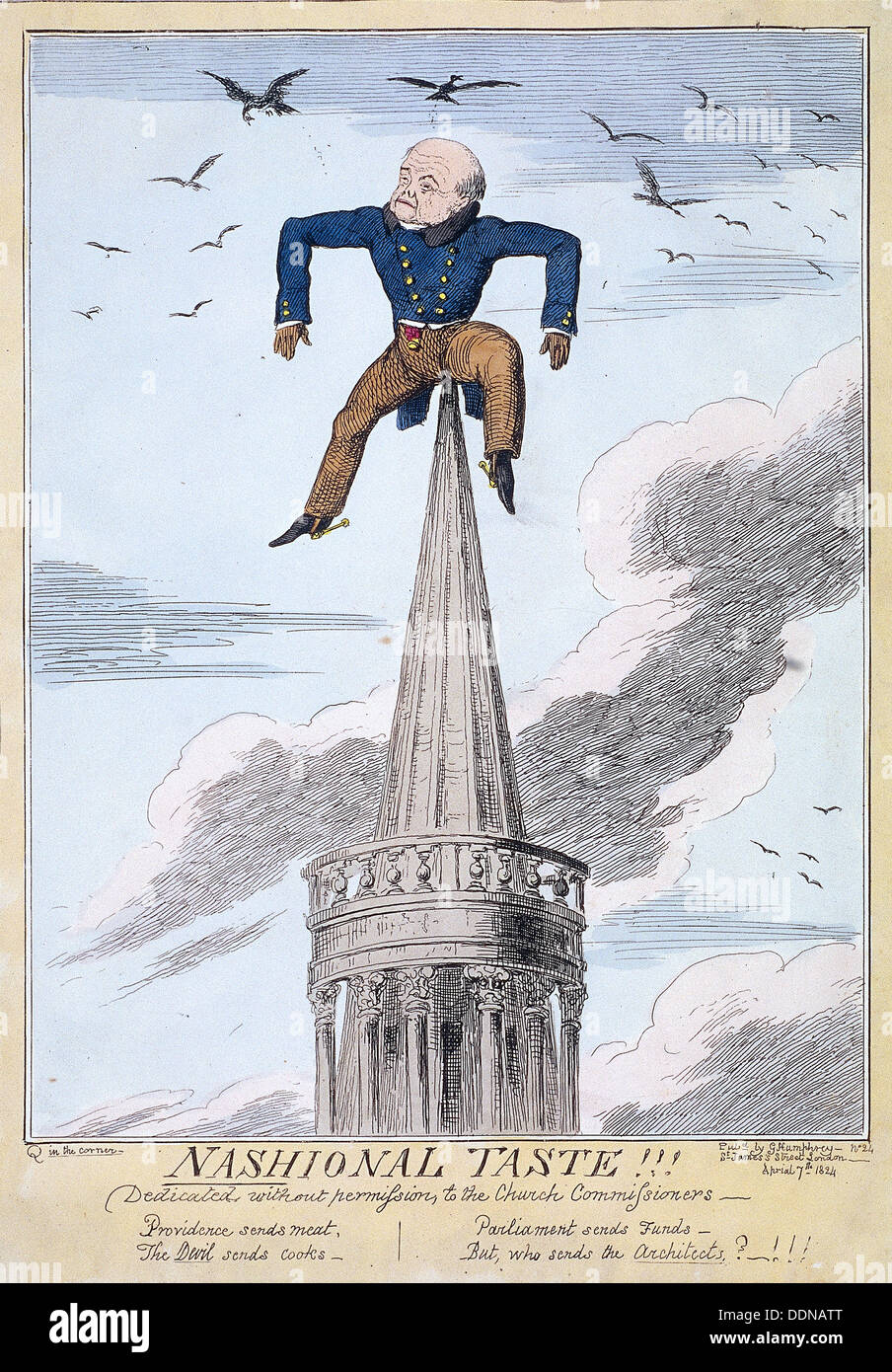 John Nash on the spire of All Souls Church, Langham Place, Westminster, London, 1824. Artist: Anon Stock Photo