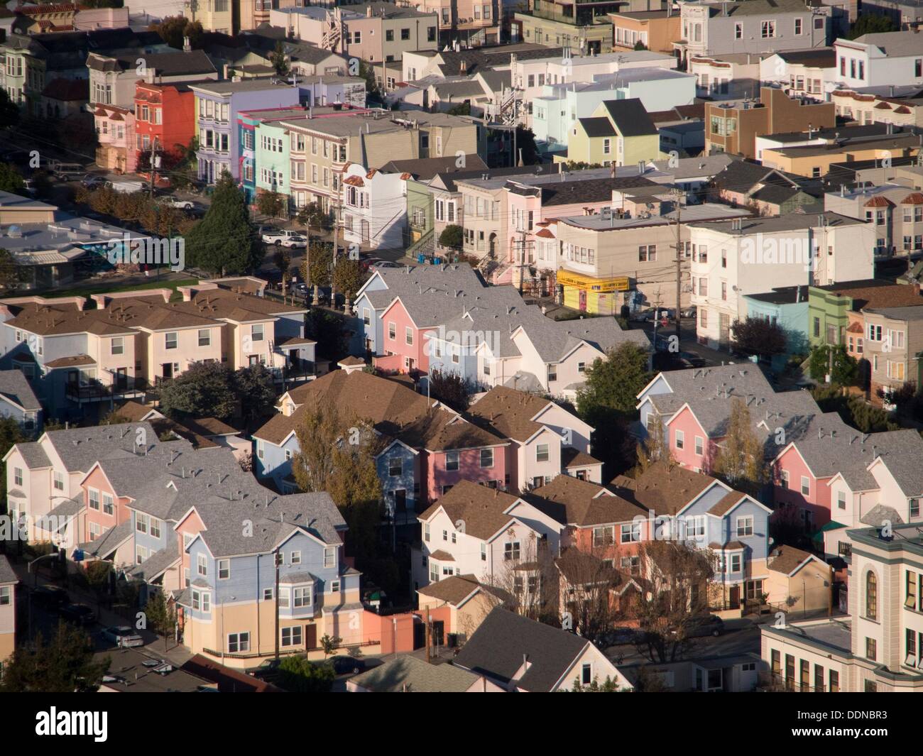 Pastelcolored houses line the streets of a residential San Francisco