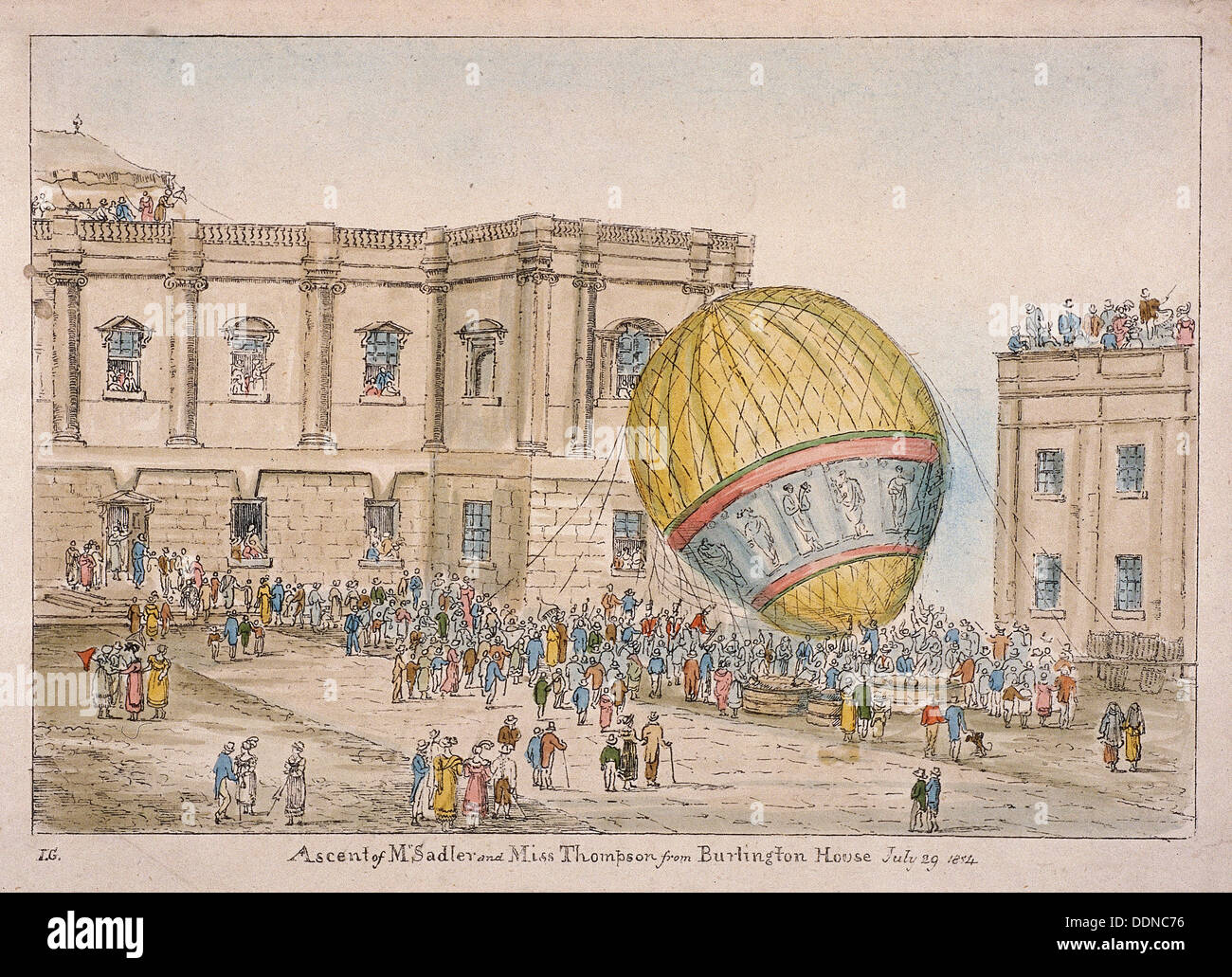 Hot air balloon in the courtyard of Burlington House, Piccadilly, Westminster, London, 1814. Artist: James Gillray Stock Photo