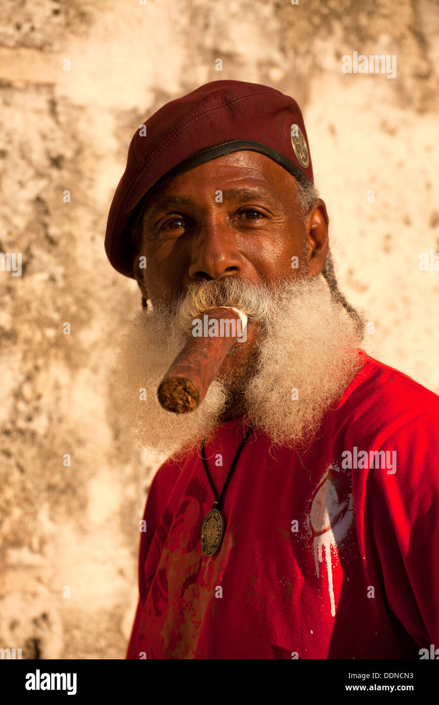 men with beard smoking cigar, Havana, Cuba, Caribbean Stock Photo