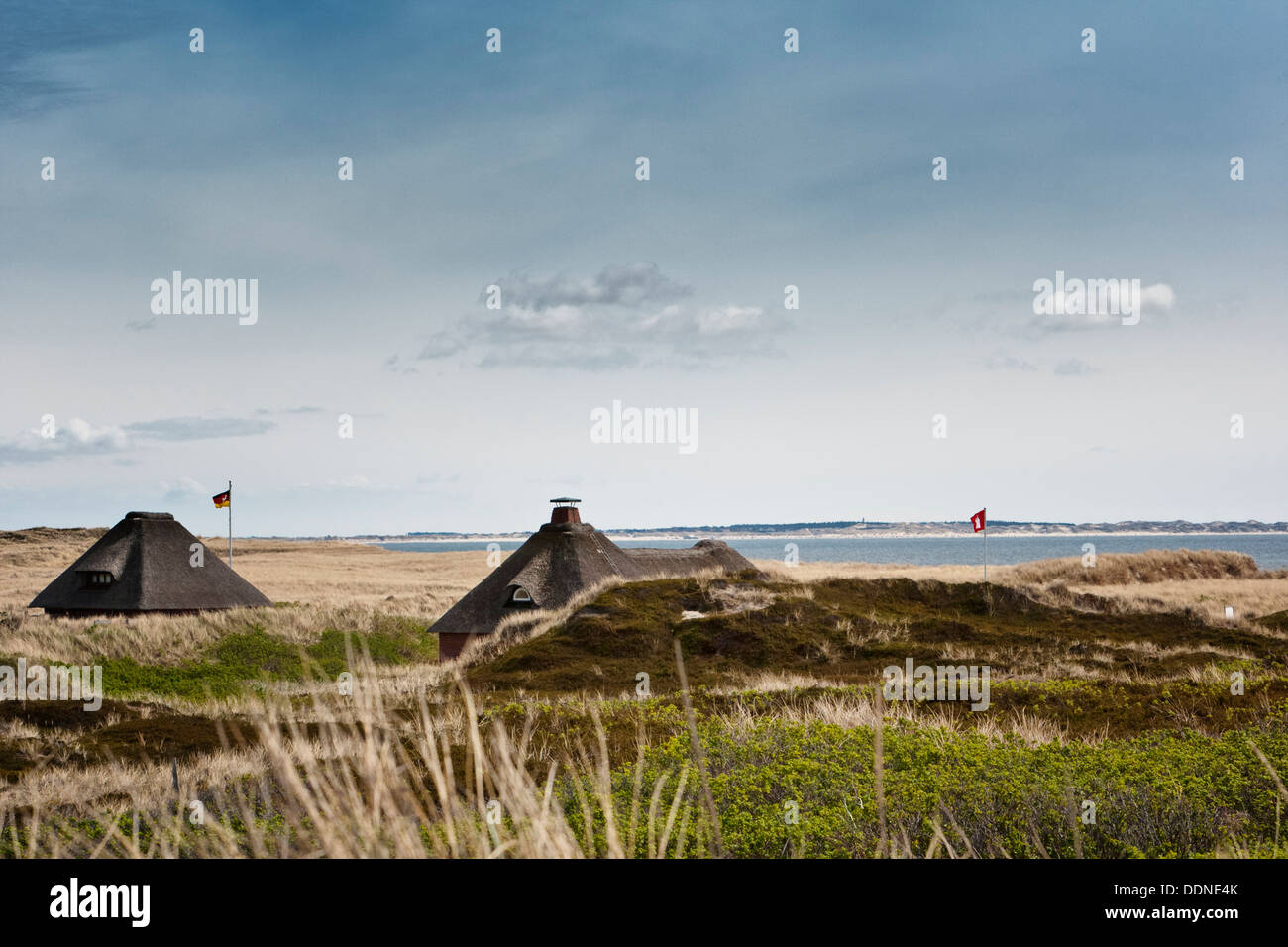 Thatched houses in Hoernum, Sylt, with view to Amrum, Schleswig-Holstein, Germany Stock Photo