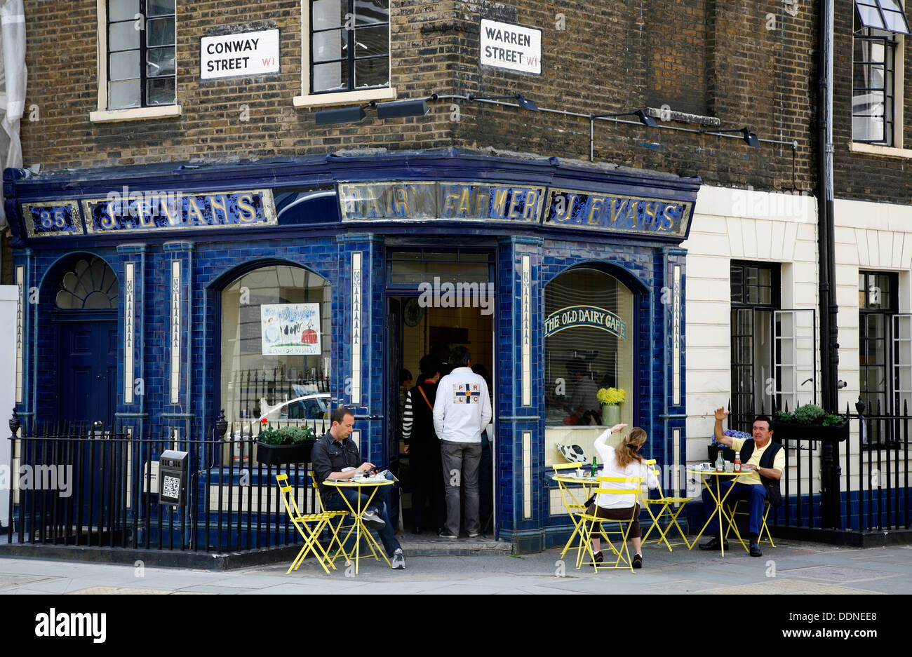 Old Dairy Cafe on the corner of Conway Street and Warren Street, Fitzrovia, London, UK Stock Photo