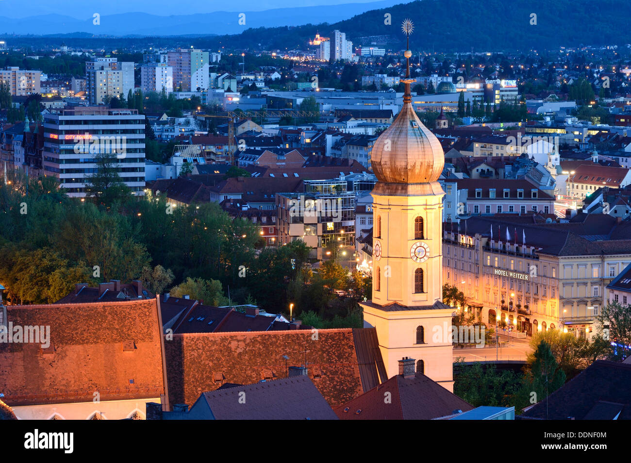 Urban landscape of Graz at blue hour, Styria, Austria Stock Photo