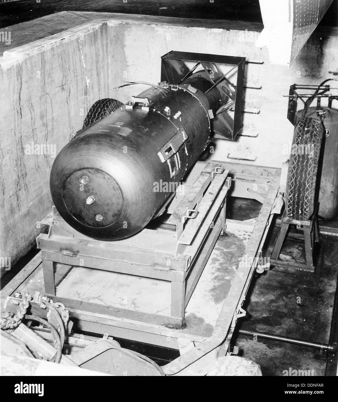 Little Boy atomic bomb that was dropped on Hiroshima on Tinian island, before being loaded into Enola Gay bomber Stock Photo