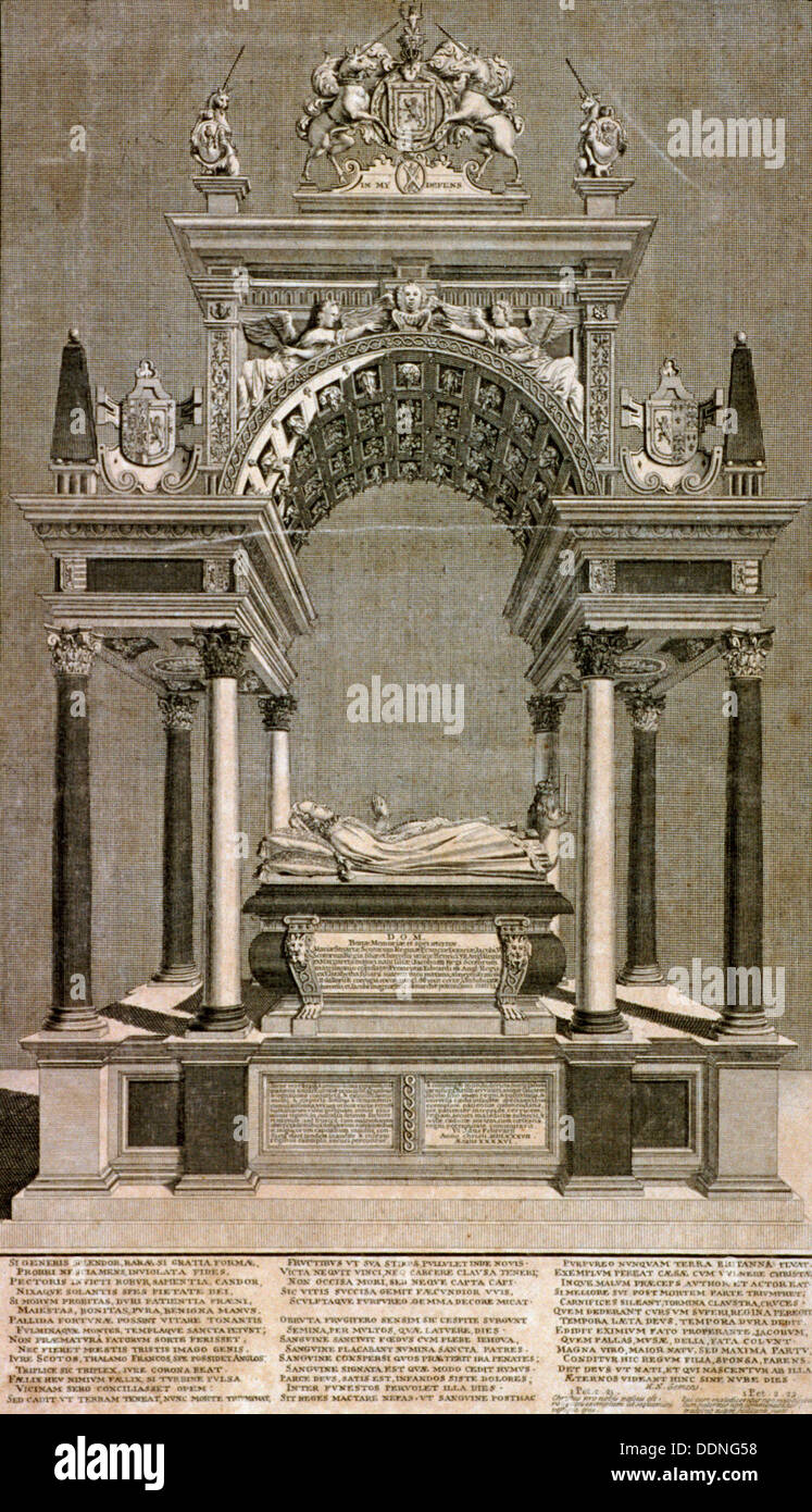 The monument to Mary, Queen of Scots in Westminster Abbey, London, 1742. Artist: James Cole Stock Photo