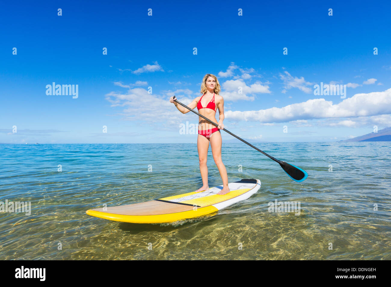 Attractive Woman on Stand Up Paddle Board, SUP, Tropical Blue Ocean, Hawaii Stock Photo
