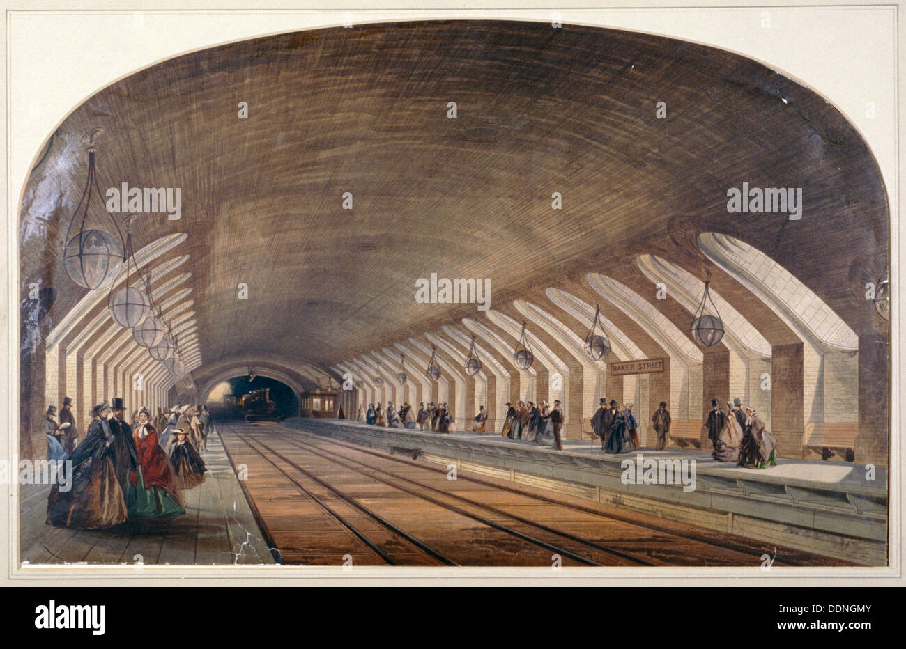 Interior of Baker Street Station showing platforms and an approaching