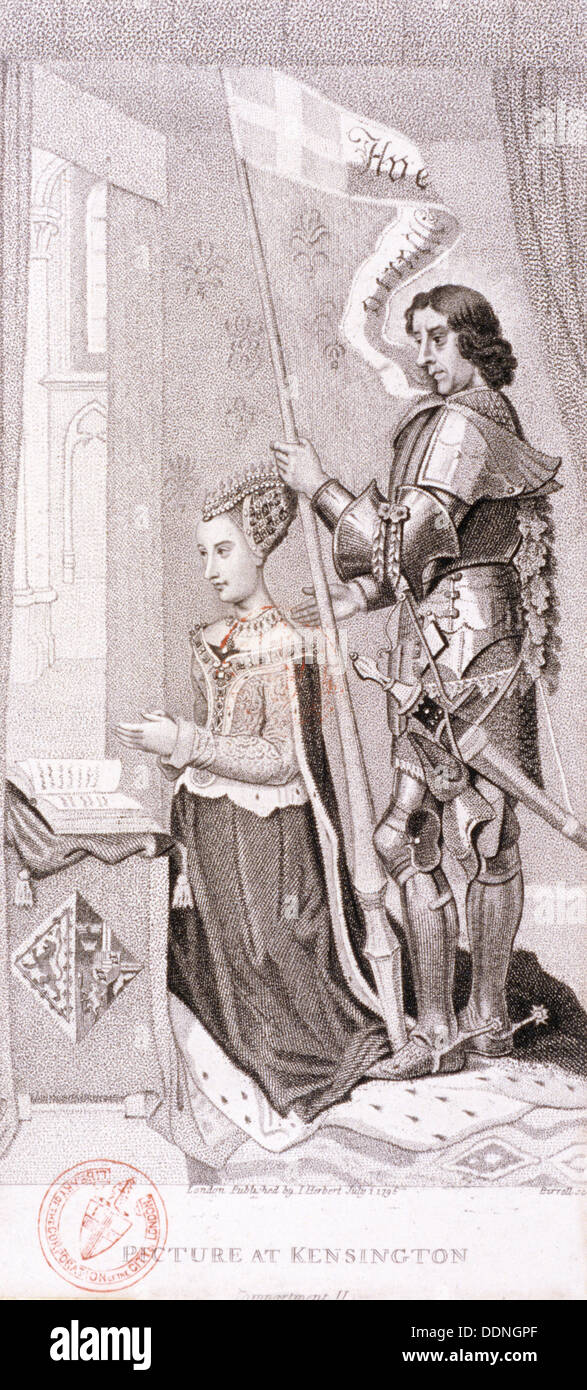 View of royalty kneeling accompanied by an armoured knight, 1796. Artist: A Birrell Stock Photo