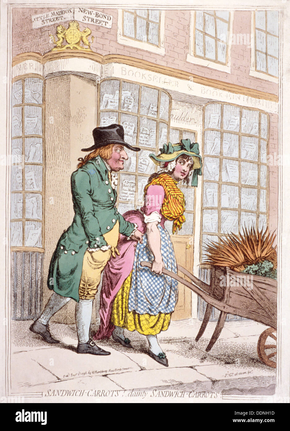 A leering man making advances to a girl, New Bond Street, Westminster, London, 1796. Artist: James Gillray Stock Photo