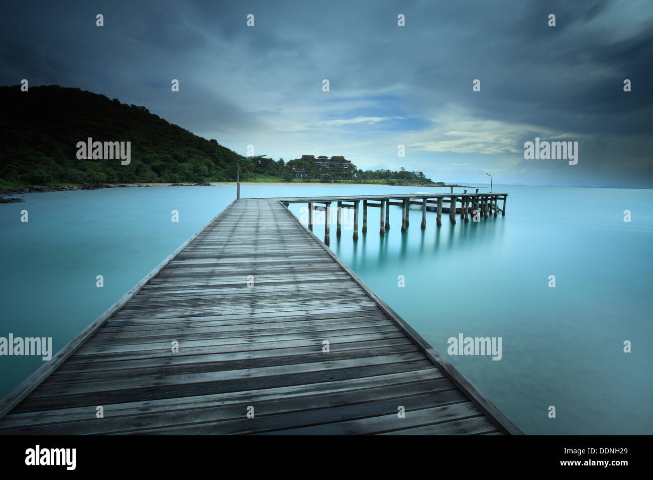 Beauty seascape under blue clouds sky. View from wood pier Stock Photo