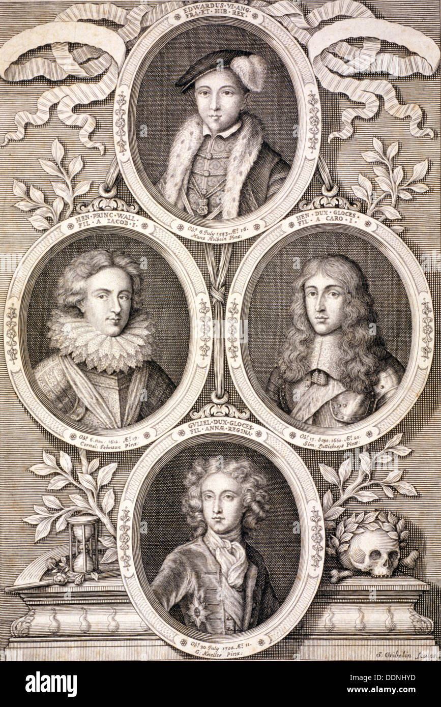 Edward VI, Henry and William, Dukes of Gloucester, and Henry, Prince of Wales, (c1700). Creator: Simon Gribelin. Stock Photo