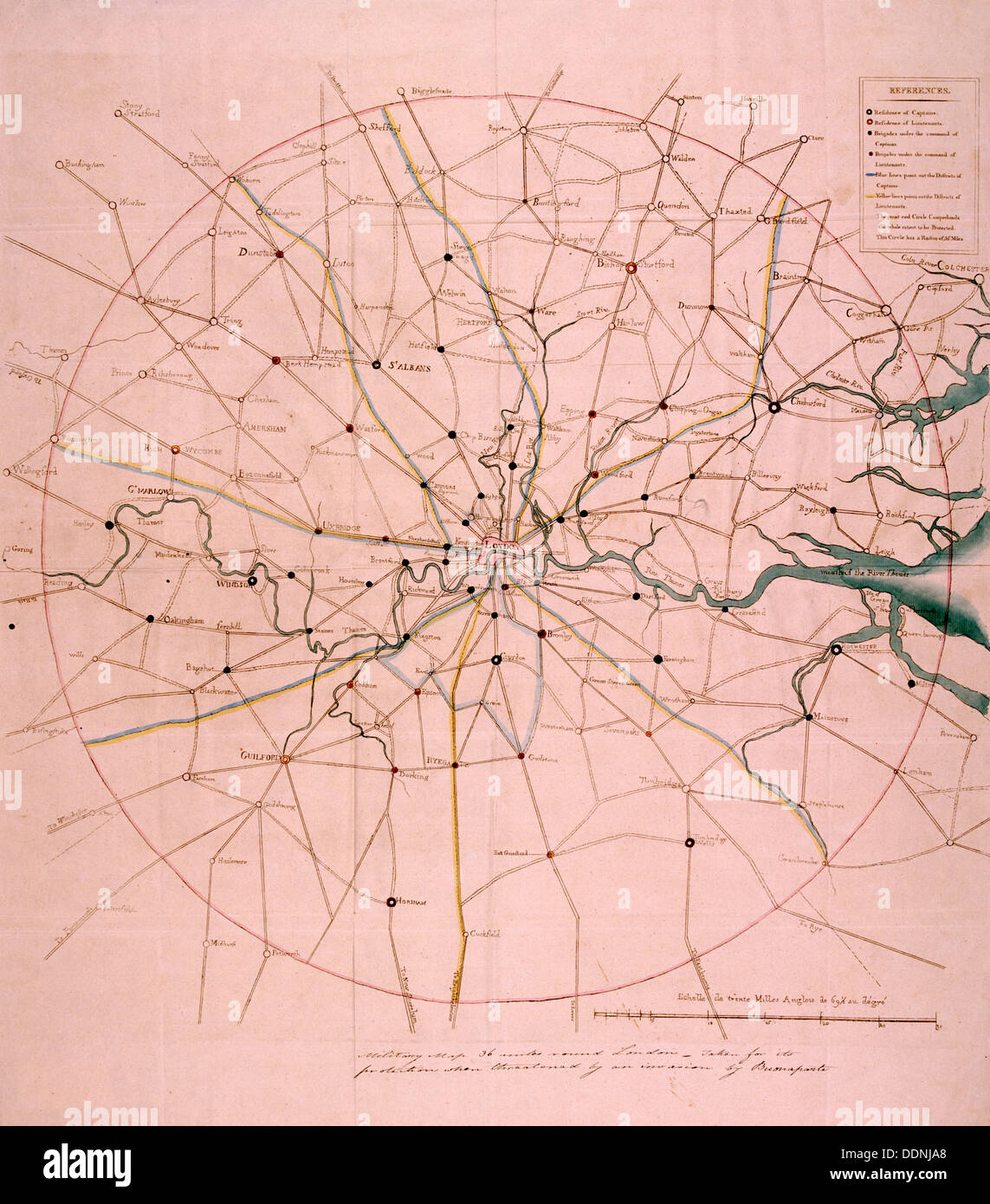 Military map of a thirty six mile area around London, c1804. Artist: Anon Stock Photo