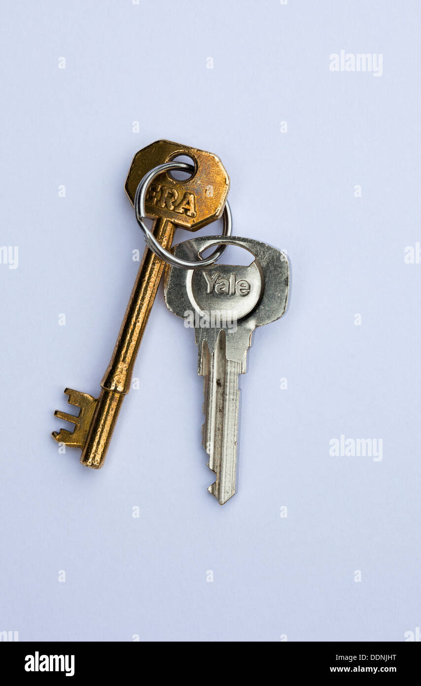 Set of keys yale and mortice on white background Stock Photo