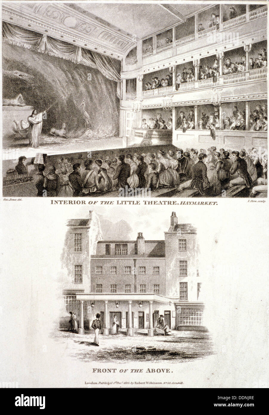 Interior and exterior views of the Haymarket Theatre, Westminster, London, 1815. Artist: James Stow Stock Photo