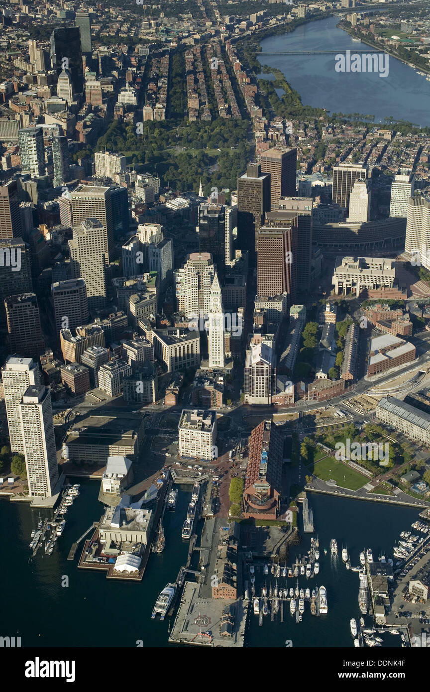 Aerial view of Boston, Massachusetts, with a focus on the city's