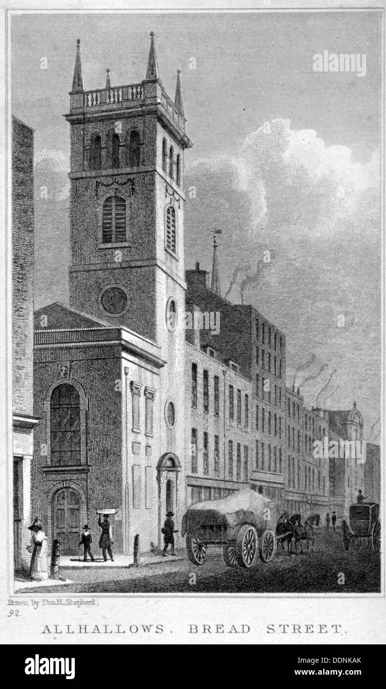 All Hallows Church, Bread Street, London, 1829. Artist: Thomas Hosmer Shepherd Stock Photo