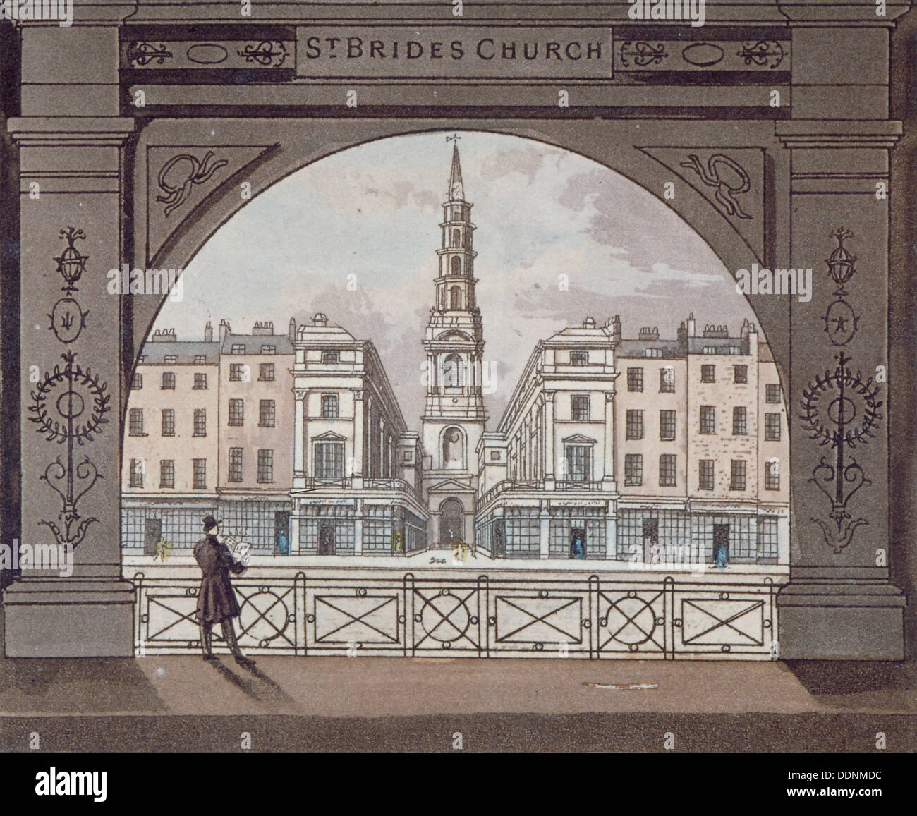 View of St Bride's Church, Fleet Street, through an archway, City of London, 1820. Artist: Anon Stock Photo