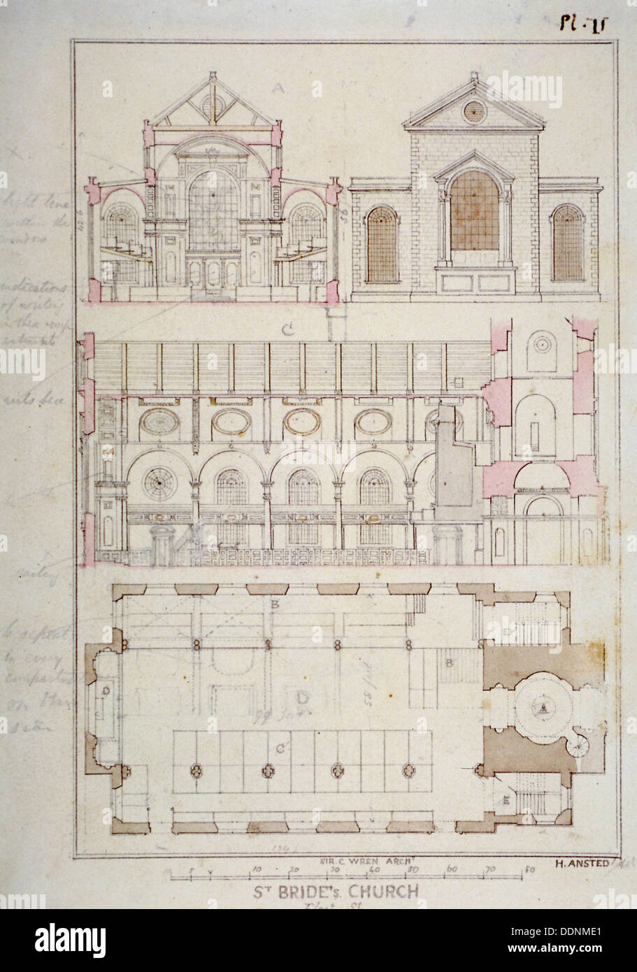 Section, elevation and ground plan of St Bride's Church, Fleet Street, City of London, 1840. Artist: H Ansted Stock Photo
