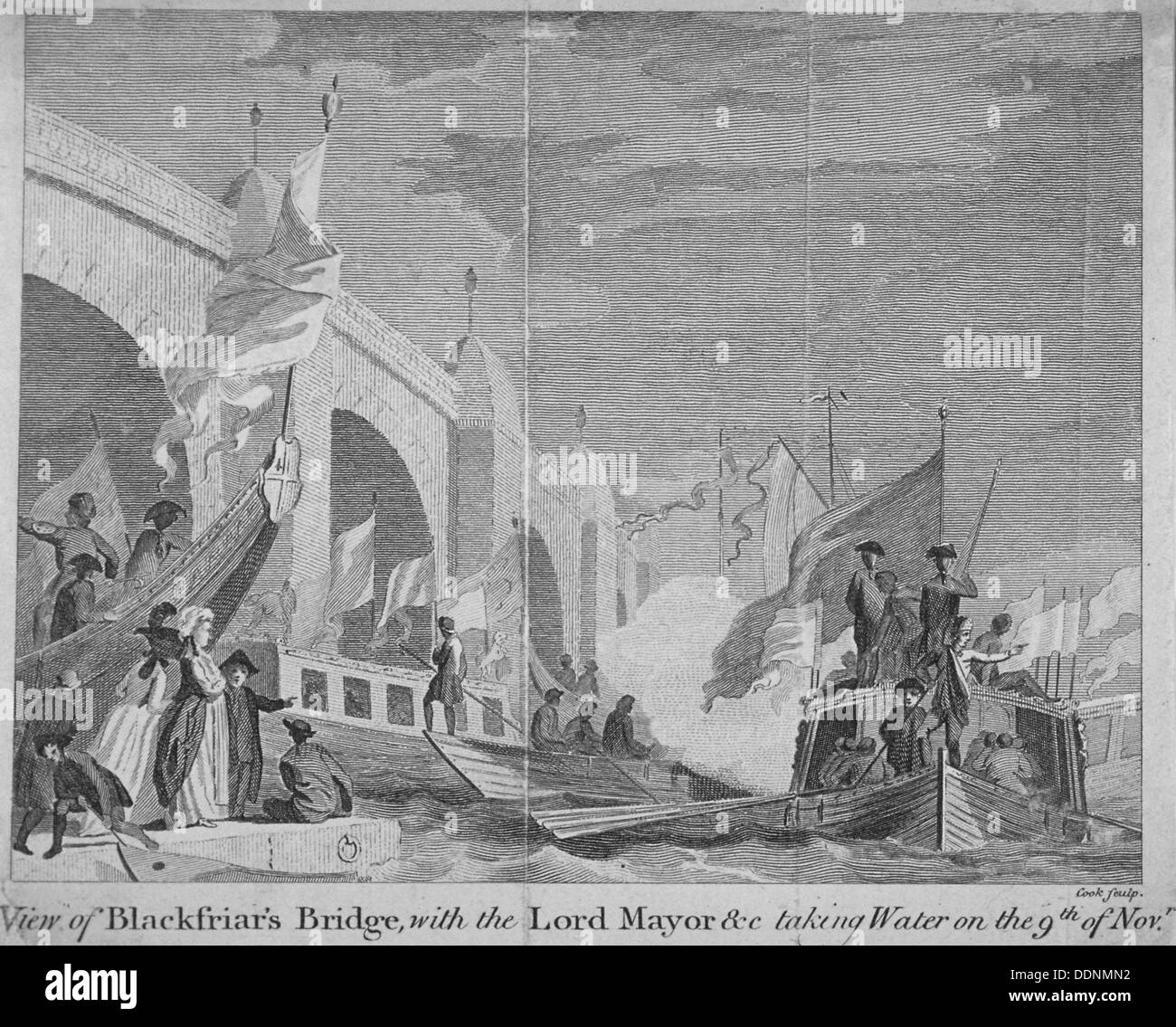 Lord Mayor's procession passing under Blackfriars Bridge, London, 1770. Artist: Thomas Cook Stock Photo