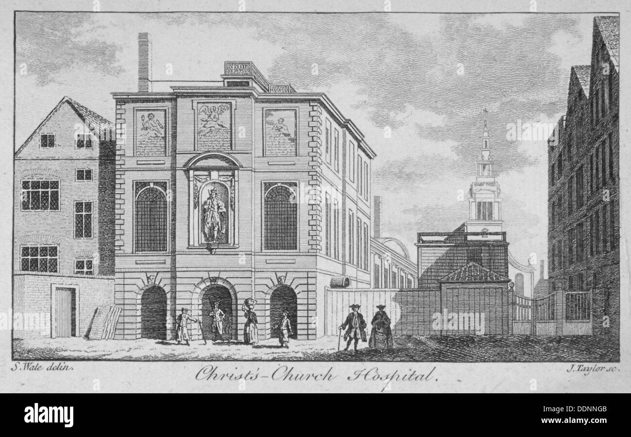 Christ's Hospital with Christ Church, Newgate Street in the background, City of London, 1761. Artist: James Taylor Stock Photo