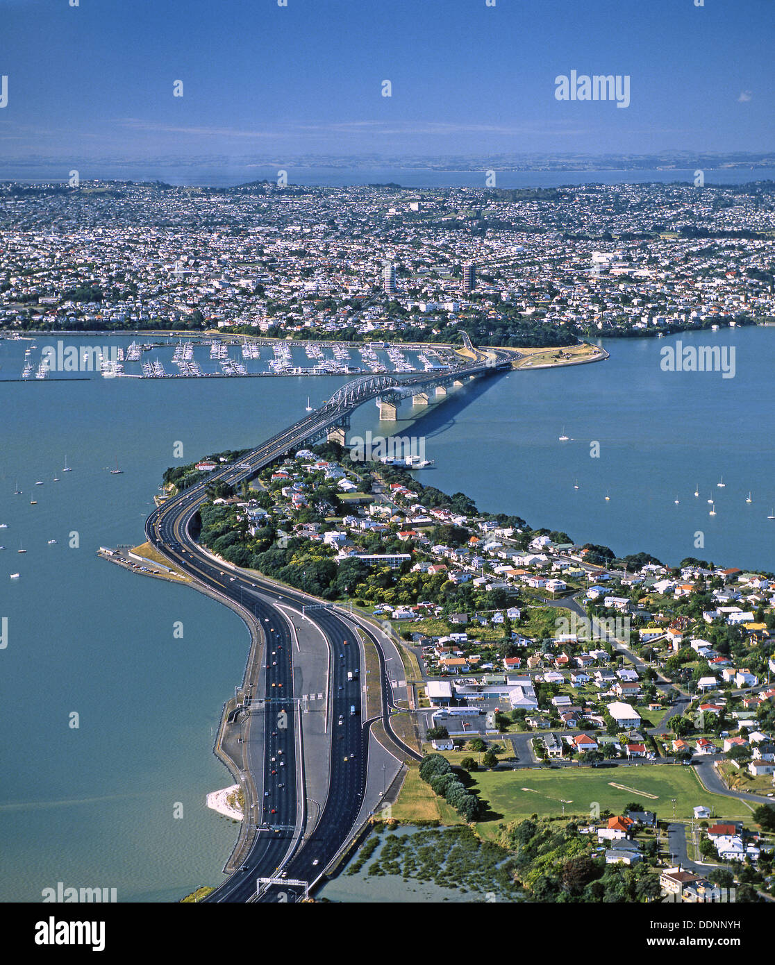 Auckland Harbour Bridge Westhaven Marina and city linked by motorways