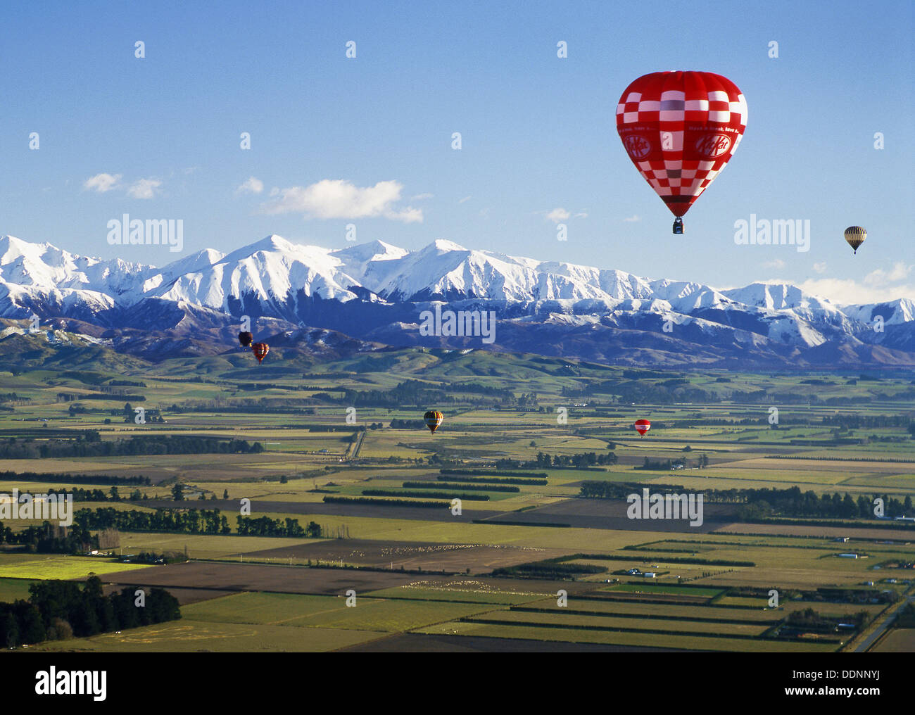 Hot air balloons over Canterbury Plains Torlesse Range behind New