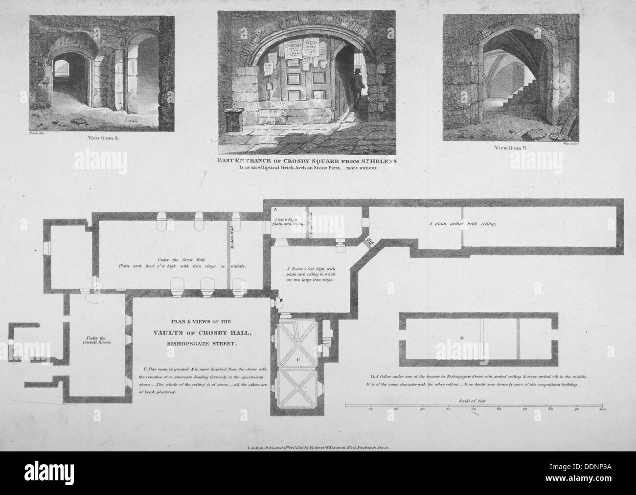 Plan and two views of the Crosby Hall vaults at no 36 Bishopsgate, City of London, 1816. Artist: William Wise Stock Photo