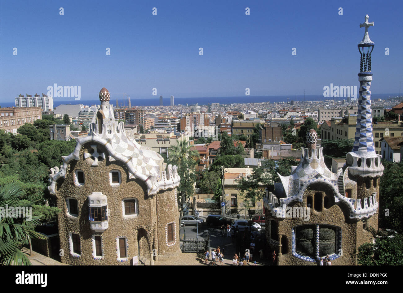 Buildings at Parc Güell by Gaudí and skyline. Barcelona. Spain Stock ...