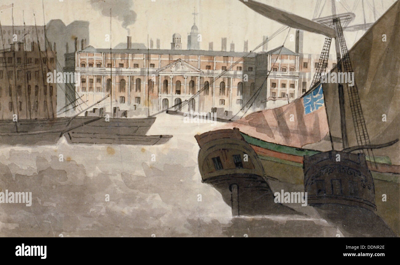 View of the Custom House from the River Thames, City of London, 1810. Artist: Anon Stock Photo