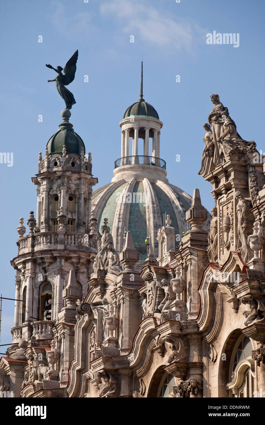 statues and facade of the theatre Gran Teatro de La Habana and the Capitol dome in Havana, Cuba, Caribbean Stock Photo