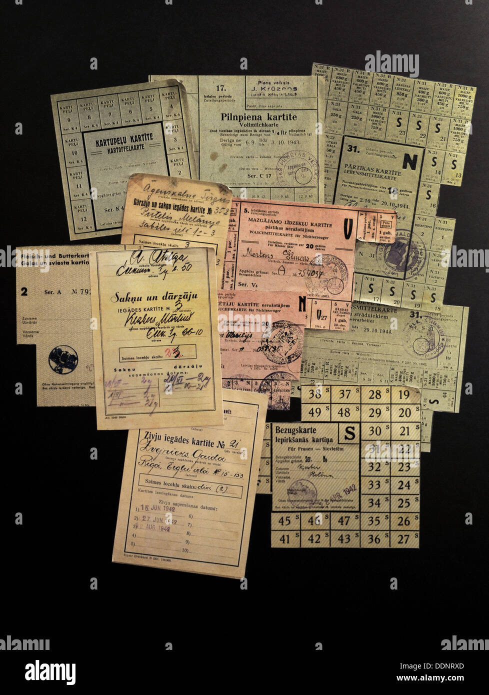 History. Latvia. Second Soviet occupation (1944-1991). Ration cards. Some dated 10.29.1944. Occupation Museum. Riga. Latvia Stock Photo