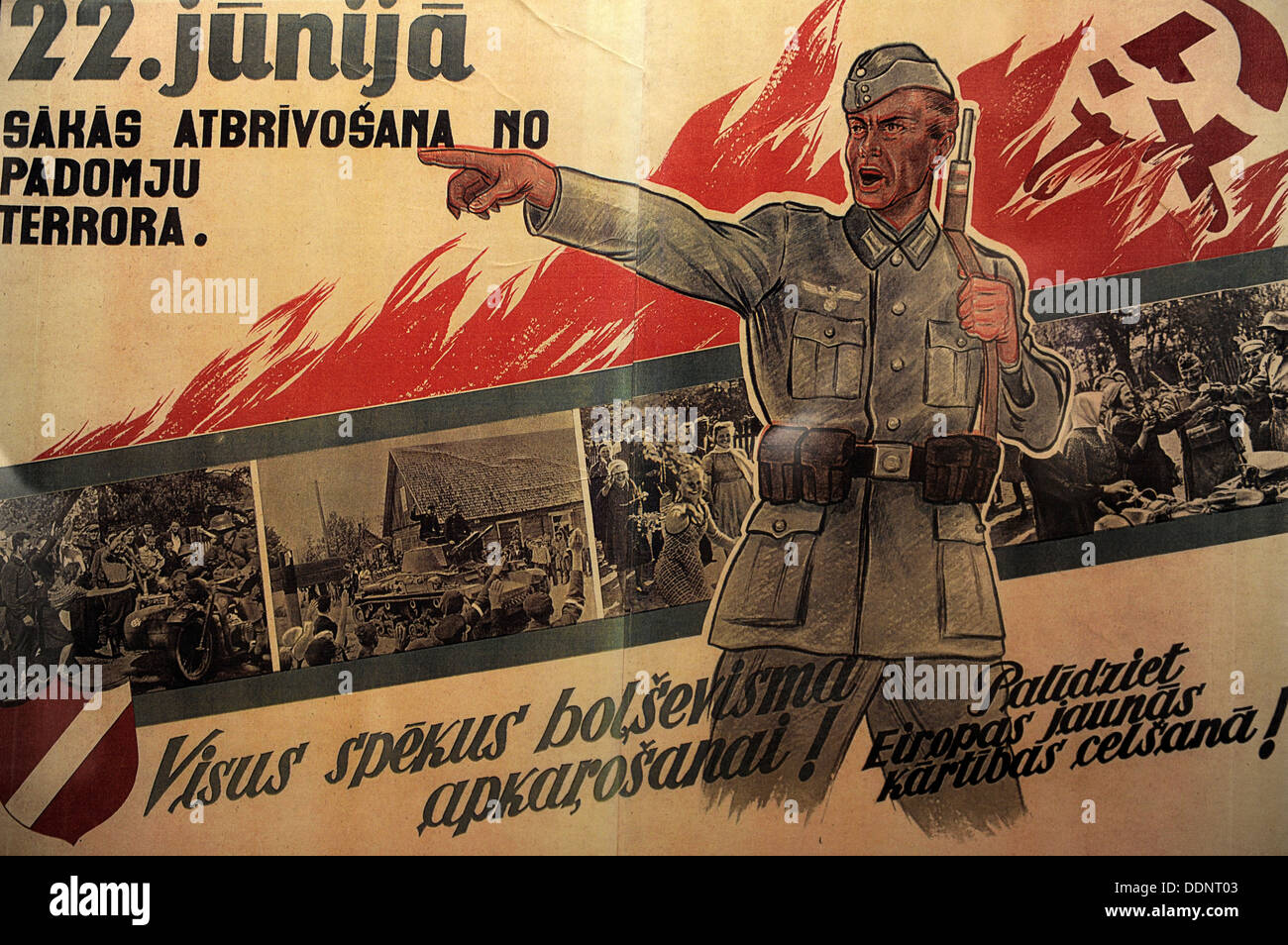 History. Workd War II. Latvia. Nazi's propaganda poster. From 1941 to 1944. Occupation Museum. Riga. Latvia. Stock Photo