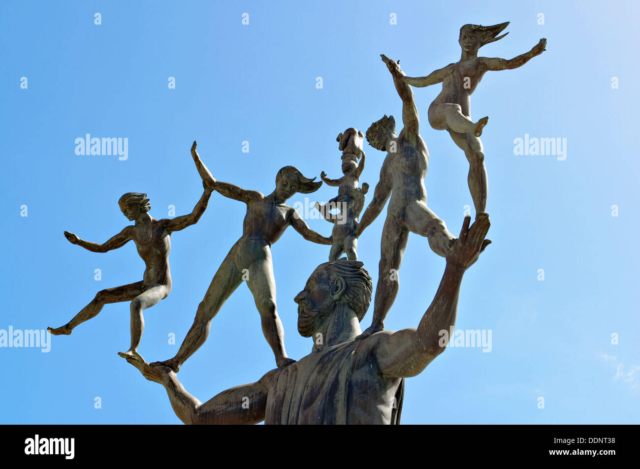 Puerto Rico, San Juan. Sculpture in Plaza del Quinto Centenario, man