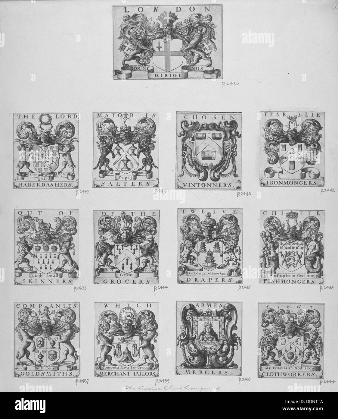 Arms of the twelve chief City Livery Companies surmounted by the arms of the City of London, 1667. Artist: Wenceslaus Hollar Stock Photo