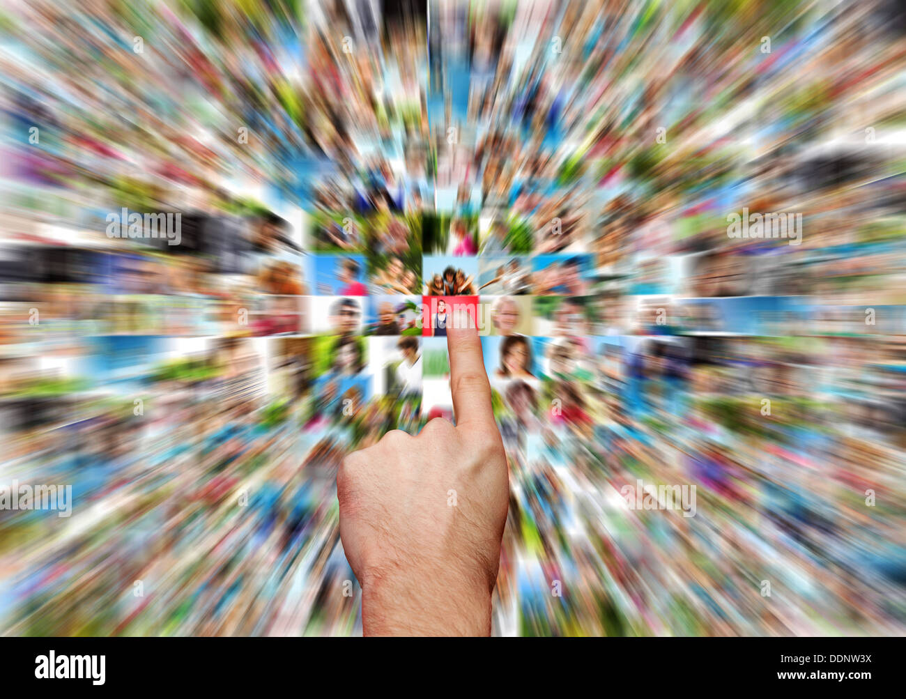 Social media network concept, hand selecting a network contact Stock Photo