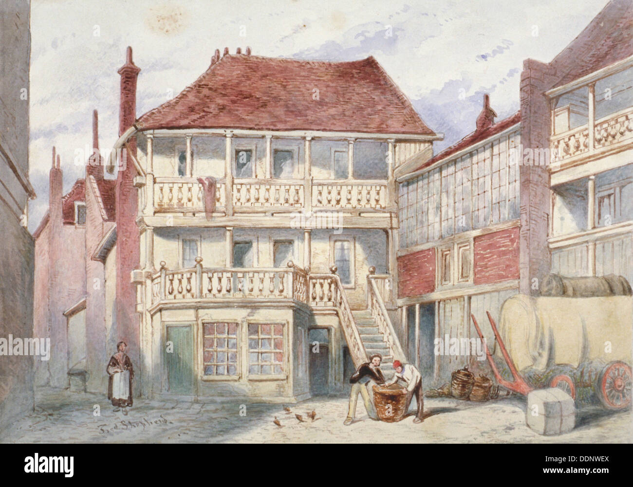 View of the French Horn Tavern, Holborn, London, 1840. Artist: Frederick Napoleon Shepherd Stock Photo