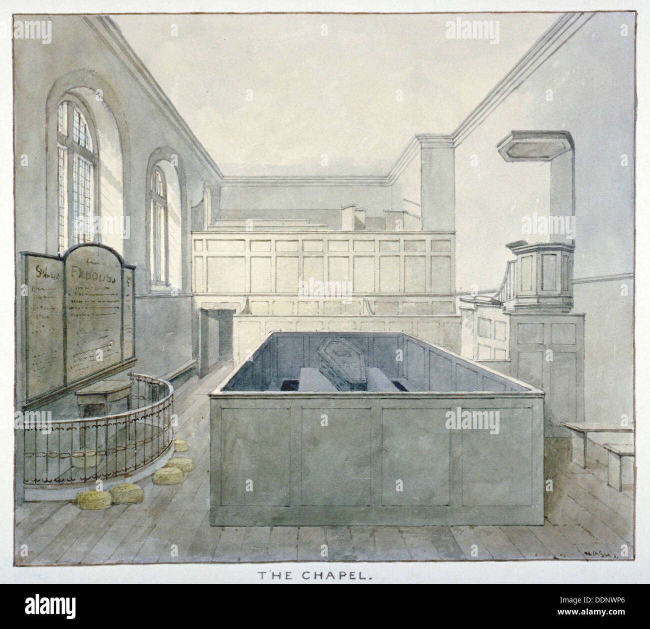 Interior view of the chapel in Newgate Prison, Old Bailey, City of London, 1840. Artist: Frederick Nash Stock Photo