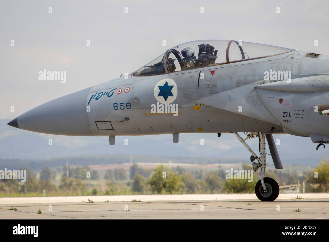 Israeli Air force (IAF) Fighter jet F-15 (BAZ) on the ground Close-up of the pilot in the cockpit Stock Photo