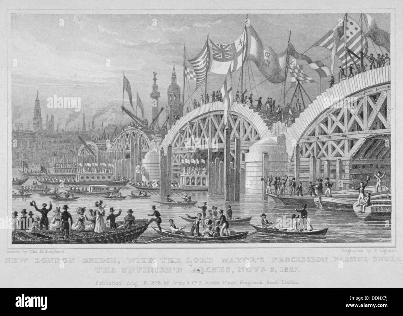 London Bridge, with the Lord Mayor's procession passing under the unfinished arches, 1827. Artist: Thomas Higham Stock Photo