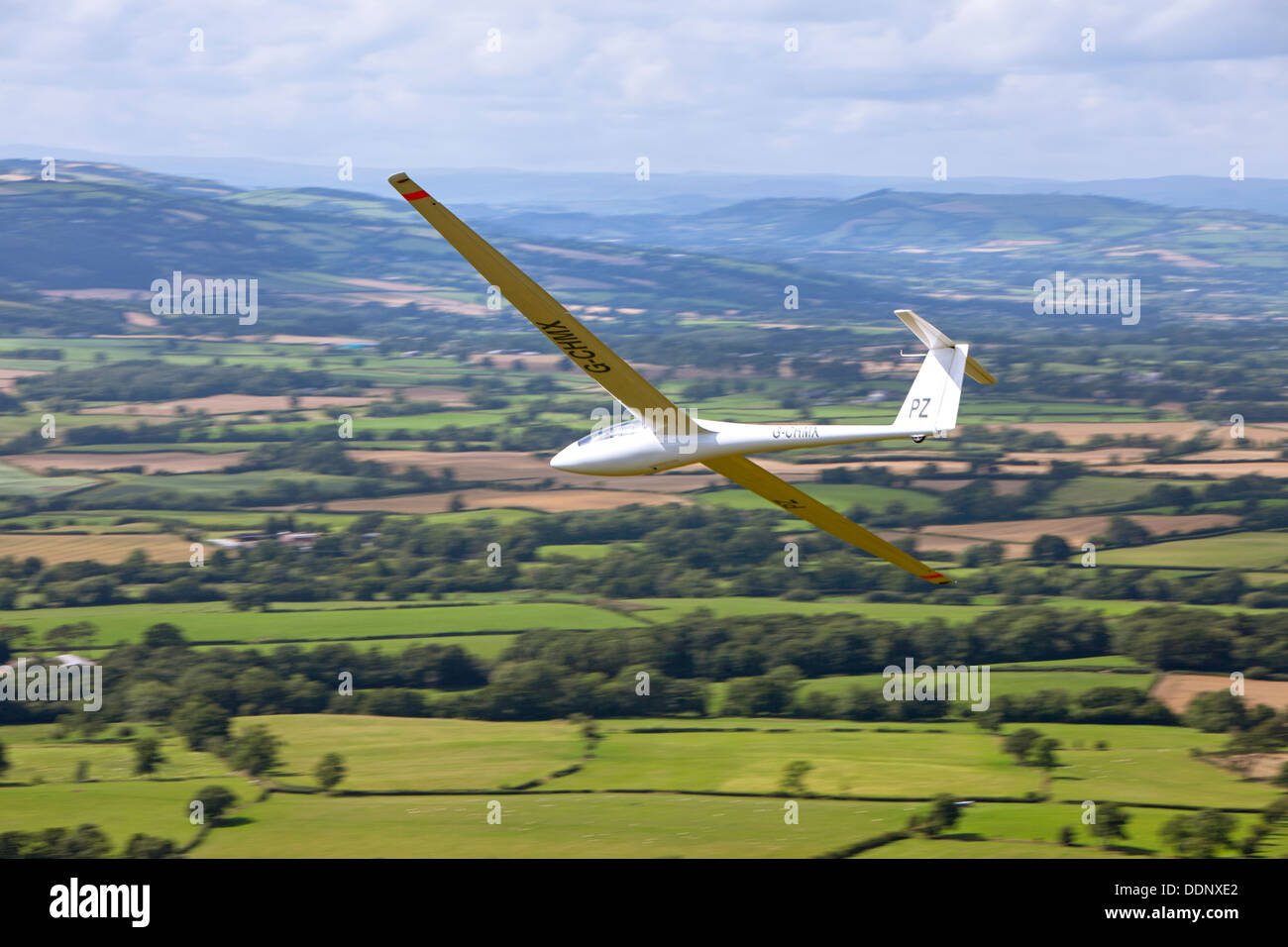 Glider flying over the Long Mynd, Shropshire, England, UK Stock Photo