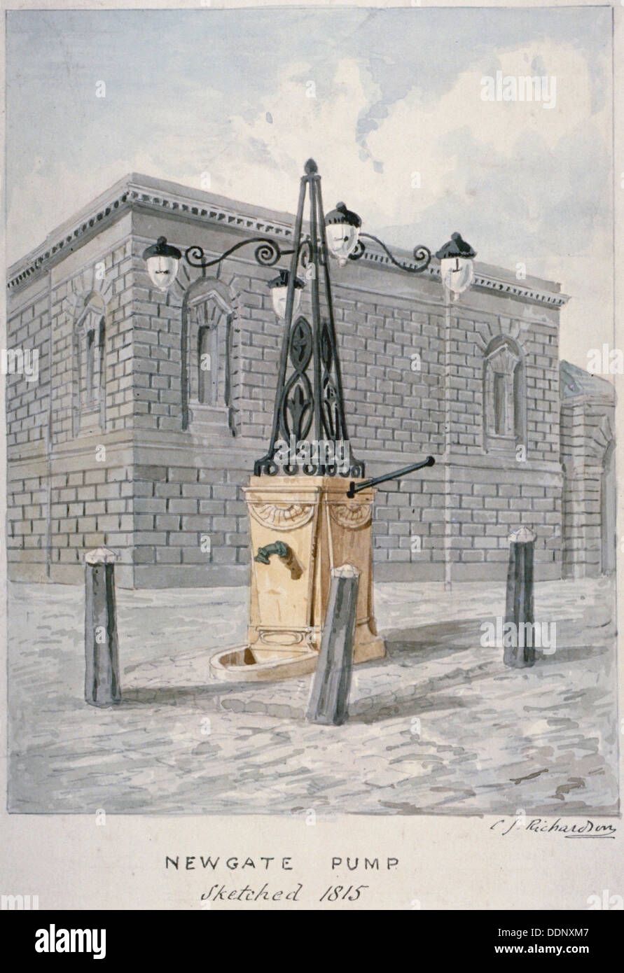 Newgate Pump, Old Bailey with Newgate Prison in the background, City of London, 1815. Artist: Charles James Richardson Stock Photo